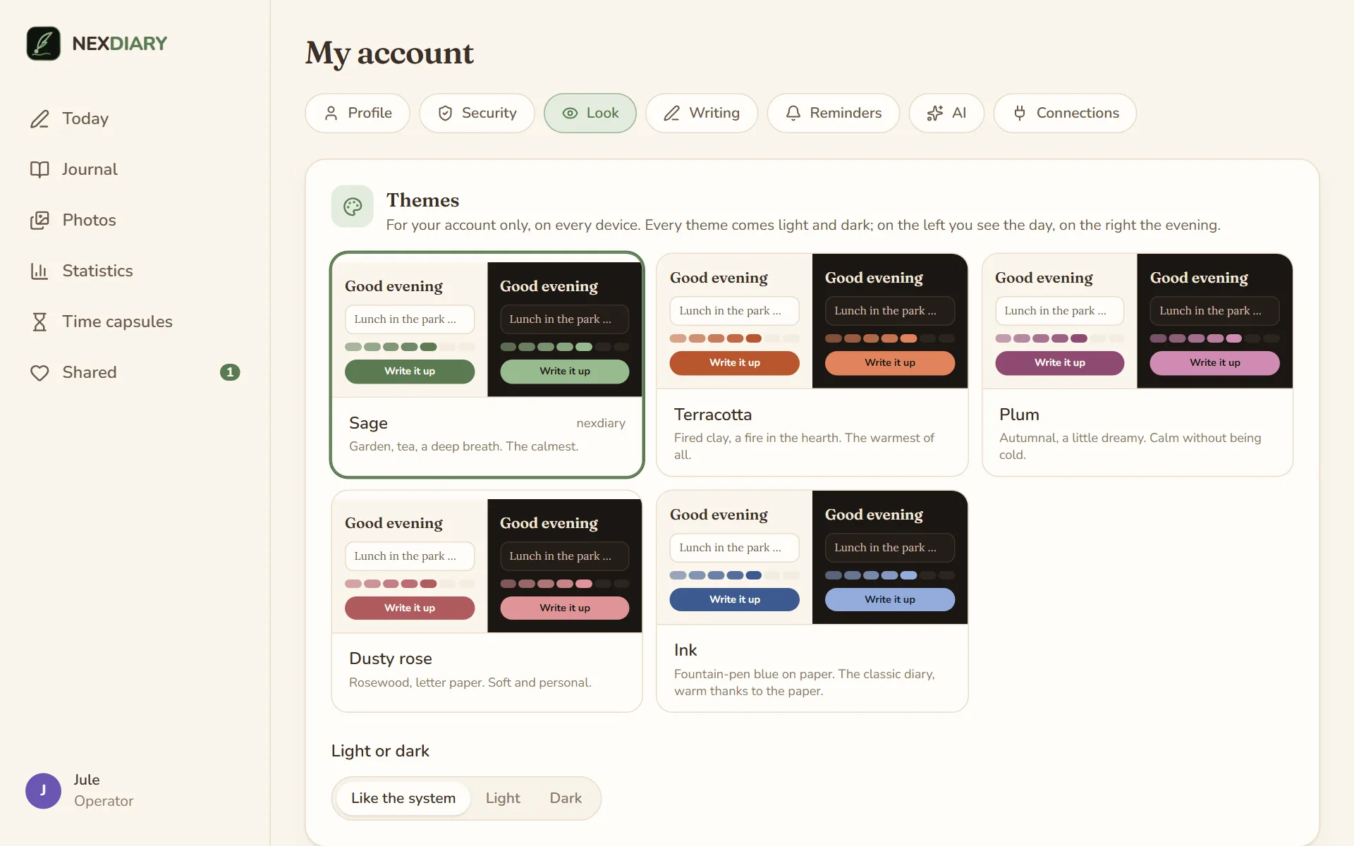 My account, tab Look, with the card Themes showing five colours, Sage, Terracotta, Plum, Dusty rose and Ink, each light on the left and dark on the right, below Light or dark