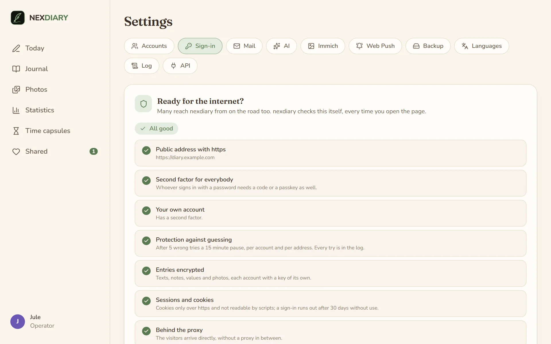 Settings, Sign-in, the card “Ready for the internet?” with “All good” and every point ticked