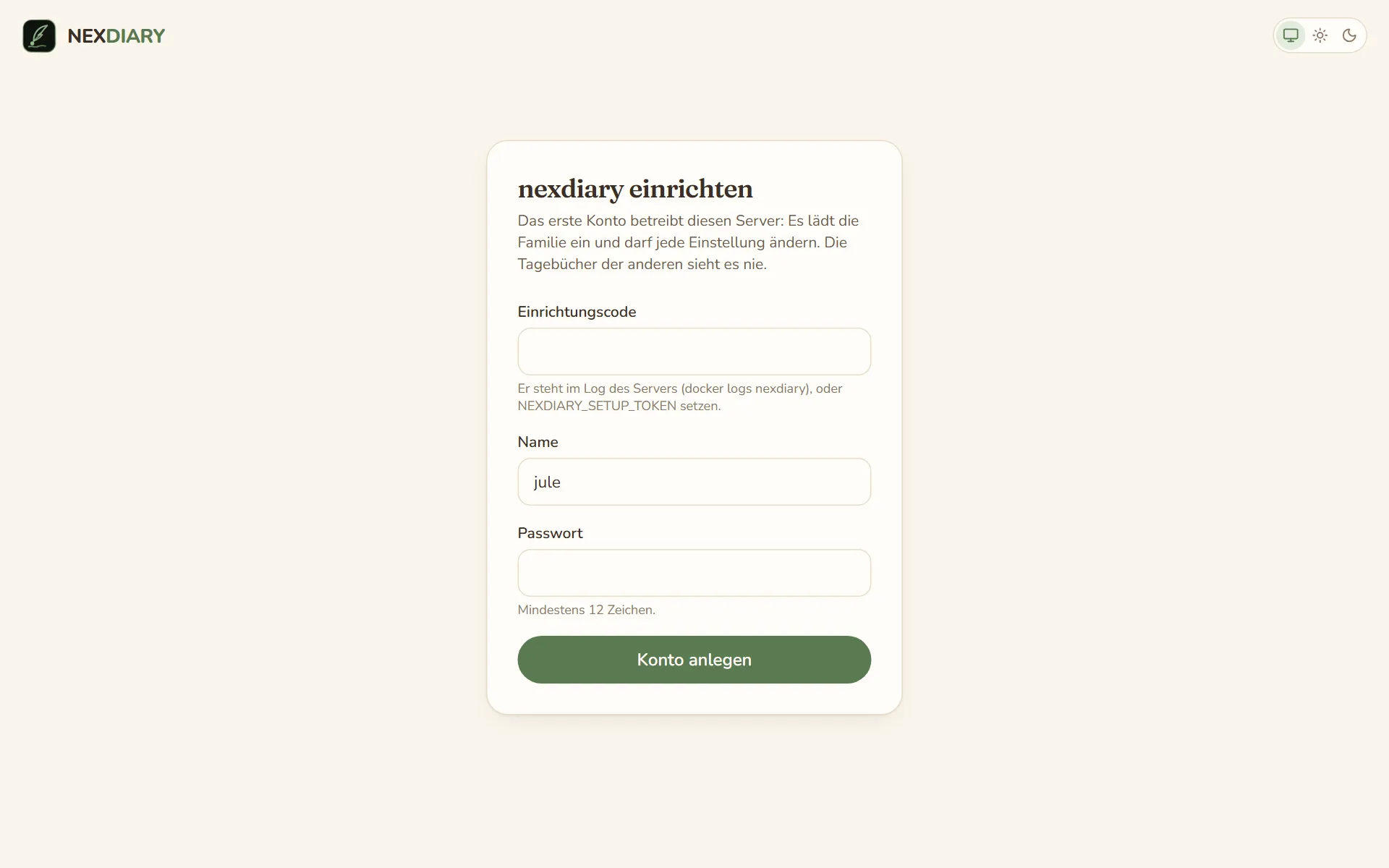 Die Seite „nexdiary einrichten“ mit Einrichtungscode, Name und Passwort