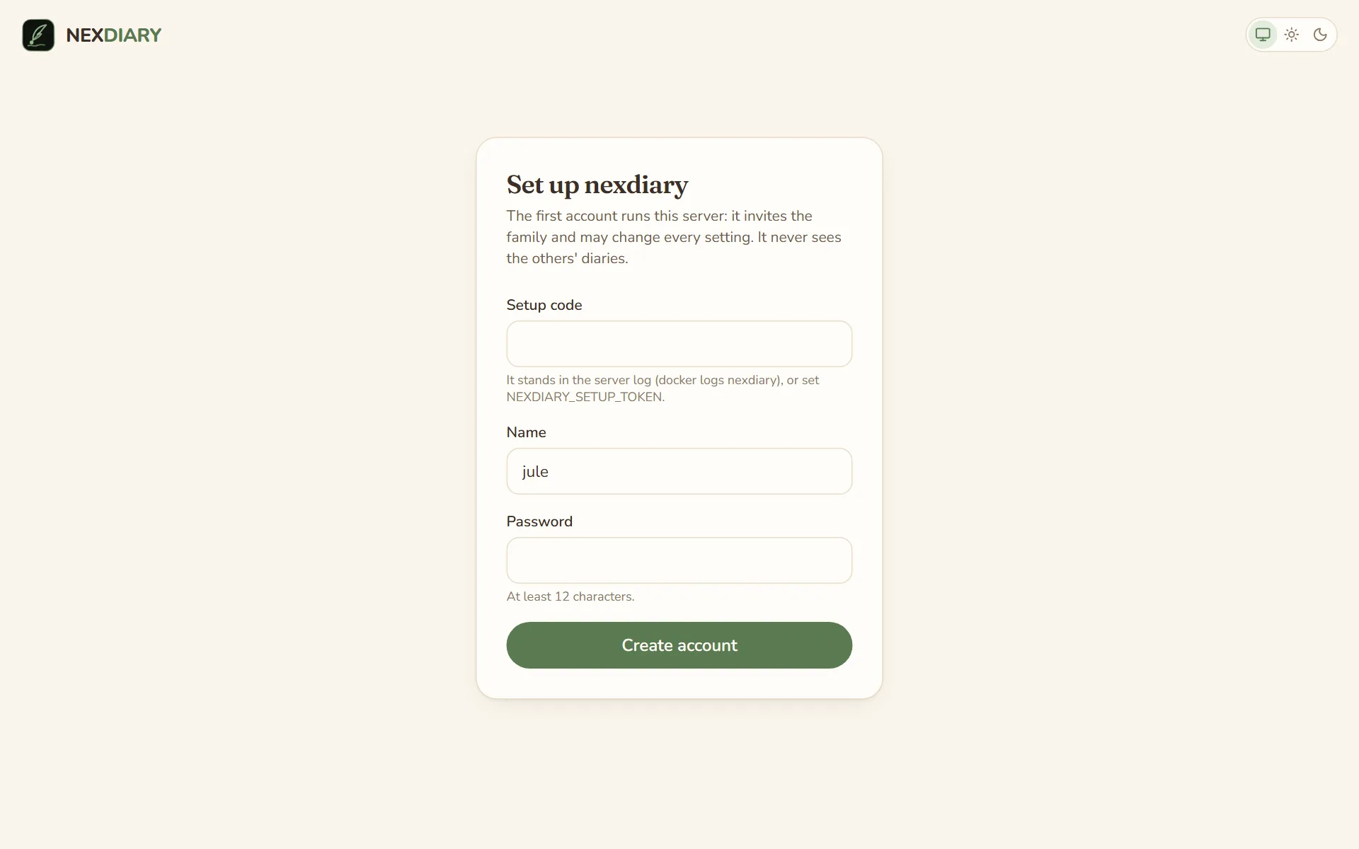 The page “Set up nexdiary” with setup code, name and password