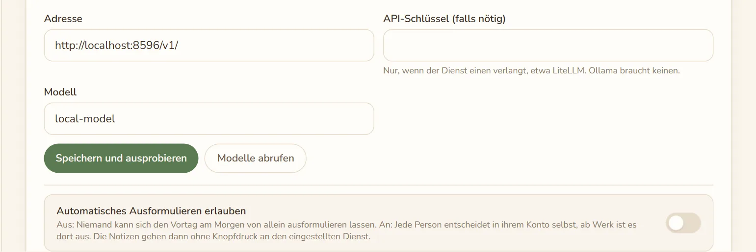 Einstellungen, KI, mit der Karte KI zum Ausformulieren, gewählt ist Lokales Modell, darunter Adresse, Modell und Speichern und ausprobieren