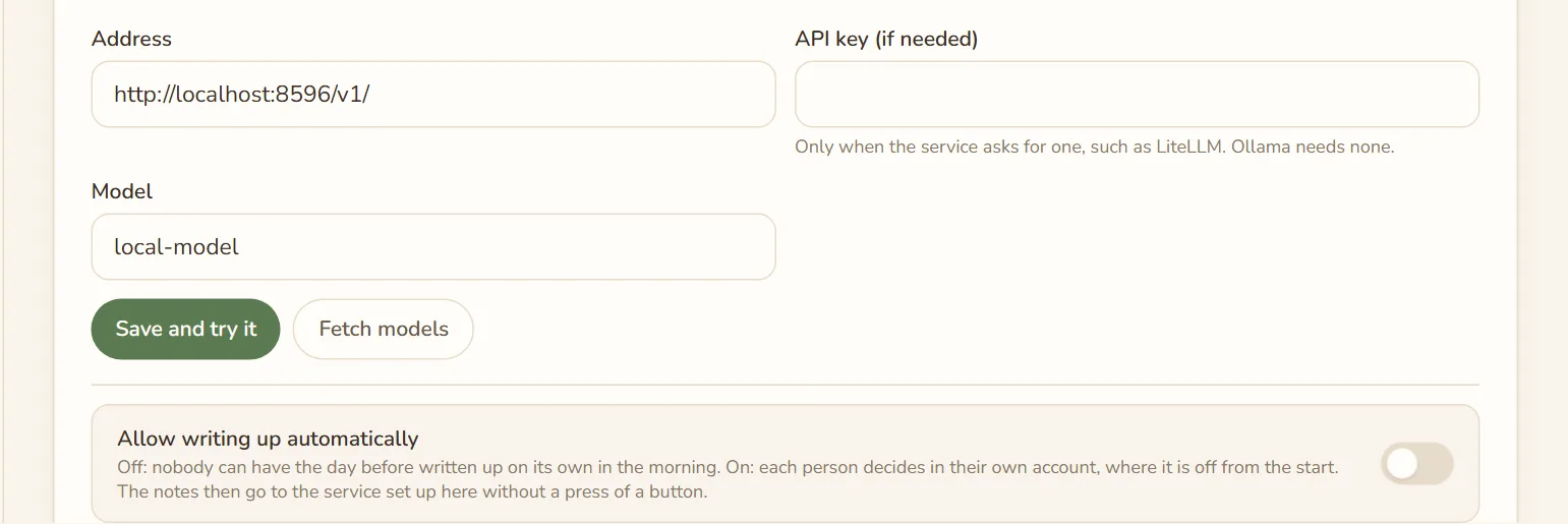 Settings, AI, with the card AI to write the day up, Local model chosen, below it Address, Model and Save and try it