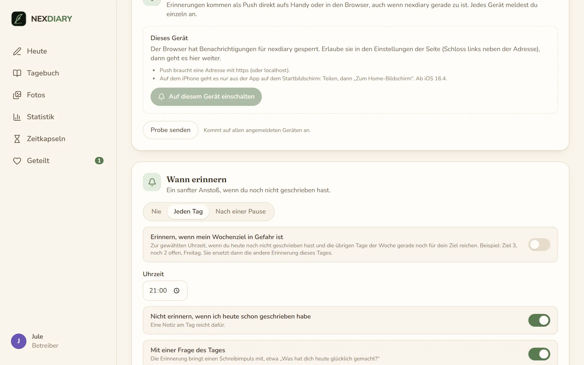 Mein Konto, Reiter Erinnerungen: die Karte Benachrichtigungen auf deinen Geräten mit dem Hinweis, dass der Browser Benachrichtigungen gesperrt hat, dem Knopf Auf diesem Gerät einschalten und Probe senden; darunter Wann erinnern mit Nie, Jeden Tag und Nach einer Pause