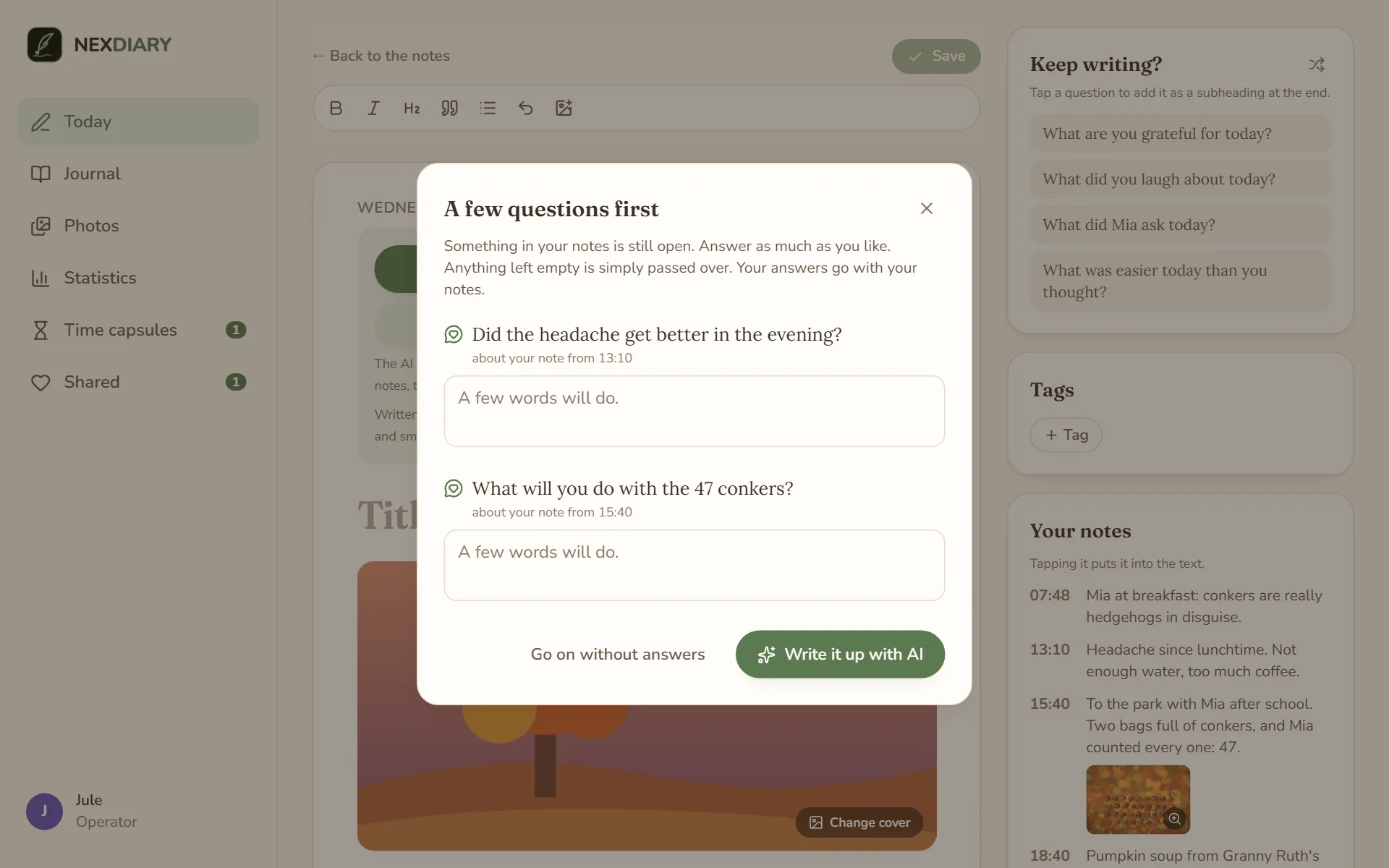 the dialogue A few questions first with two questions from the AI about Jule’s notes, each with an answer field, below Go on without answers and Write it up with AI