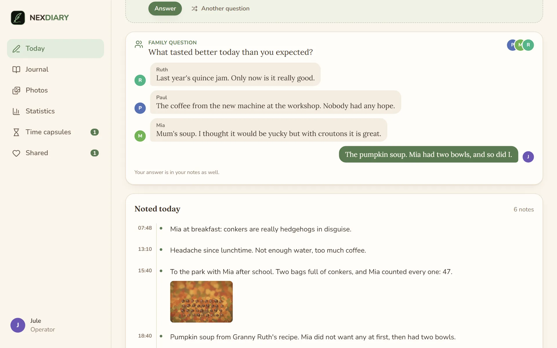 The card “Family question” on Today with the question “What tasted better today than you expected?” and the answers of Ruth, Paul, Mia and Jule; below, “Your answer is in your notes as well.”