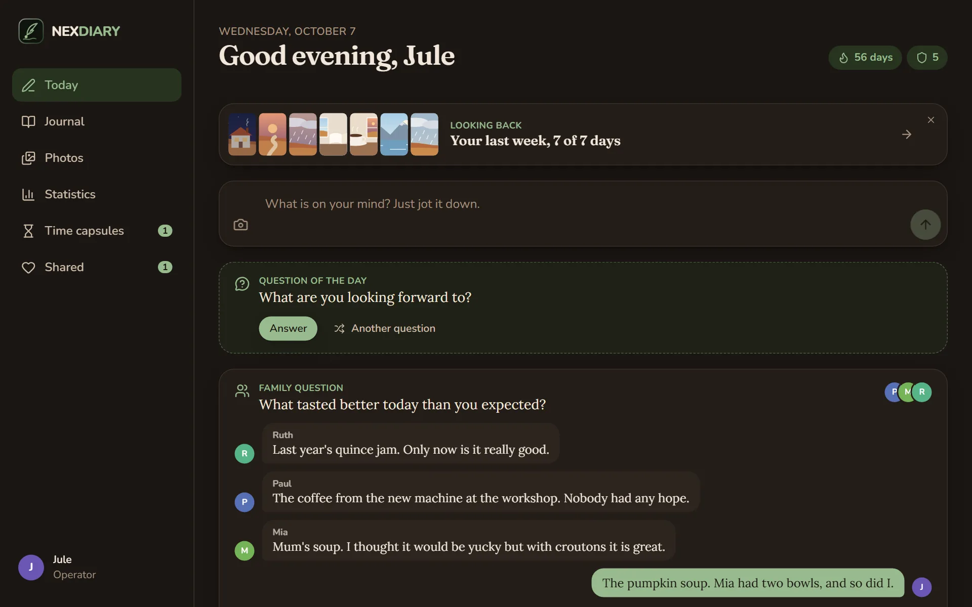 Today in the dark theme: the field What is on your mind? Just jot it down. with the camera on the left and the round arrow on the right, below it the question of the day with the buttons Answer and Another question, and the family question