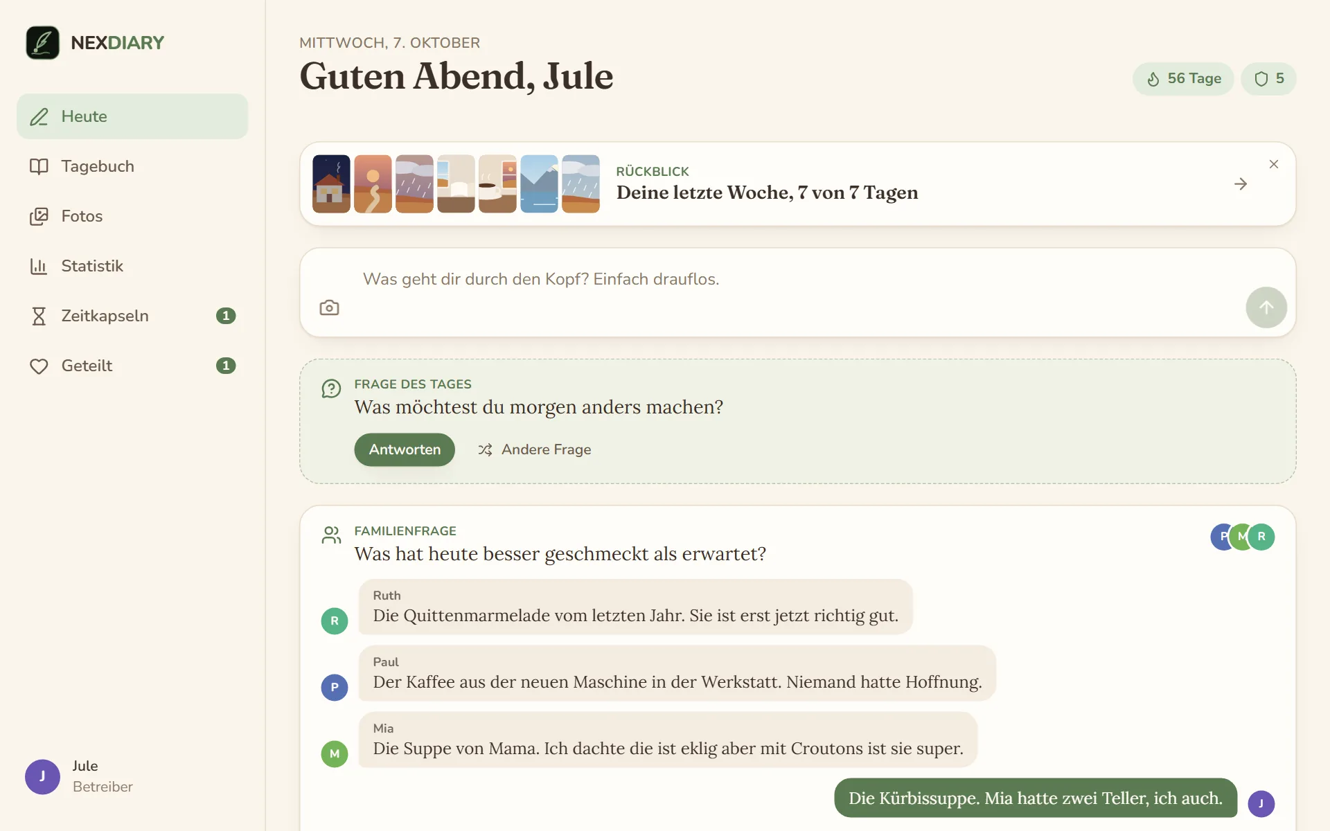 Die Seite Heute am Abend: Notizen des Tages mit Uhrzeit, ein Foto, die Frage des Tages und die Familienfrage.