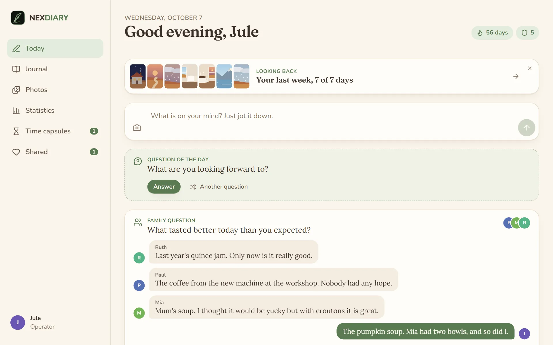 the Today page with the note field, the question of the day and the family question with answers from Ruth, Paul, Mia and Jule
