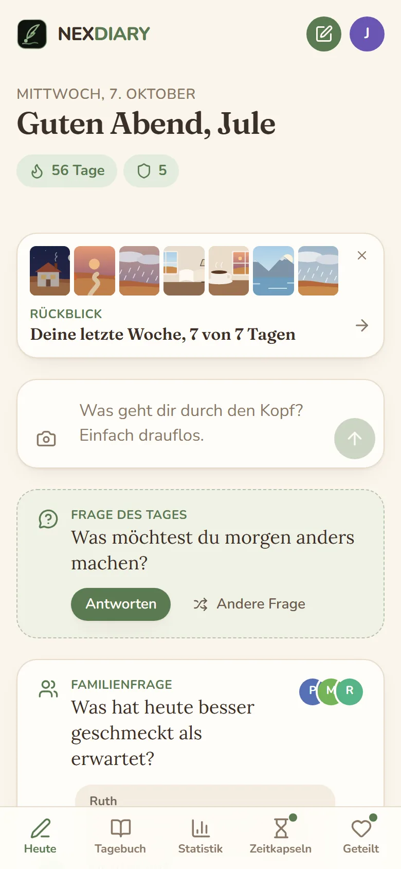 Heute auf dem Handy: oben das Logo, der grüne Stift zum schnellen Notieren und Jules runder Kontoknopf, darunter die Begrüßung, Serie und Schilde, der Rückblick, das Feld für Notizen und die Frage des Tages, ganz unten die Leiste mit Heute, Tagebuch, Statistik, Zeitkapseln und Geteilt