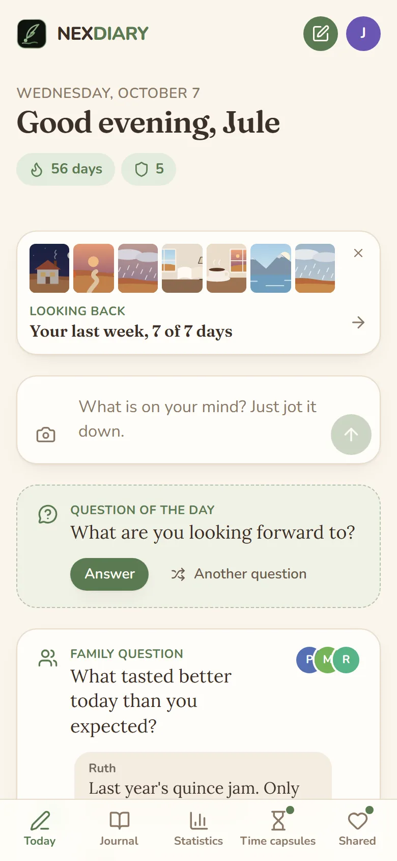 Today on a phone: at the top the logo, the green pen for a quick note and Jule's round account button, below the greeting, streak and shields, the look back, the field for notes and the question of the day, and at the bottom the bar with Today, Journal, Statistics, Time capsules and Shared