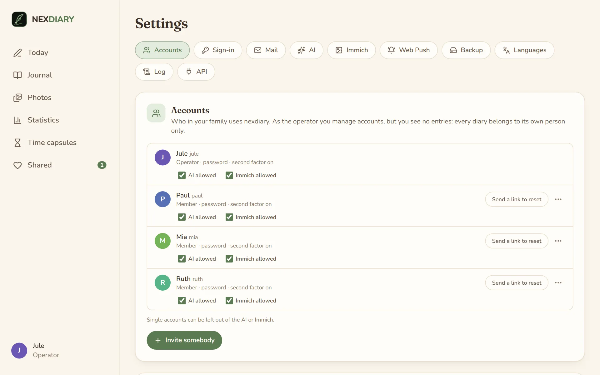 Settings, Accounts tab: Jule as the operator, Paul, Mia and Ruth as members, all with a password and second factor on, each with the ticks AI allowed and Immich allowed and the button Send a link to reset, and at the bottom the button Invite somebody