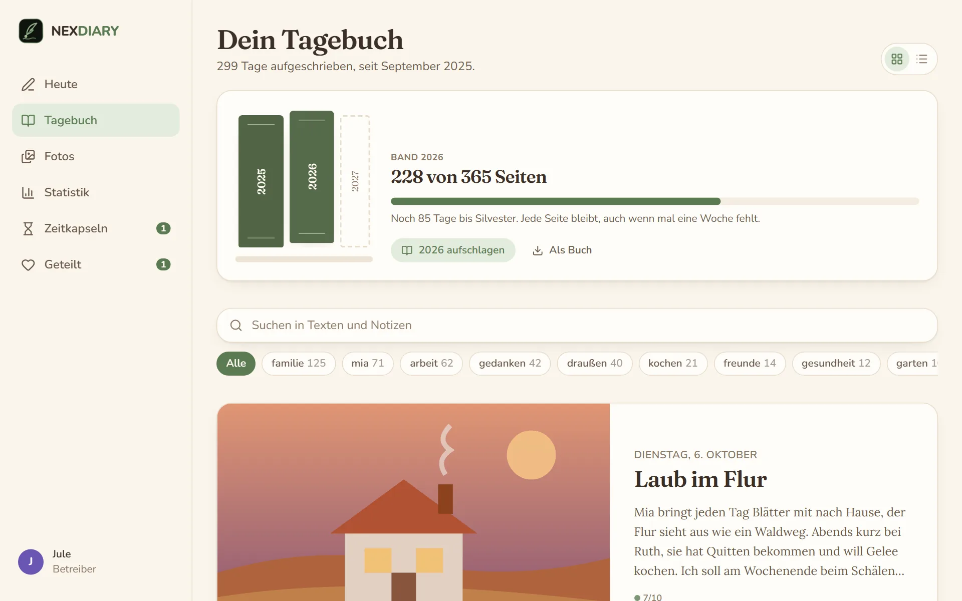 das Regal oben im Tagebuch mit den Bänden 2025 und 2026 und einem leeren Band für 2027