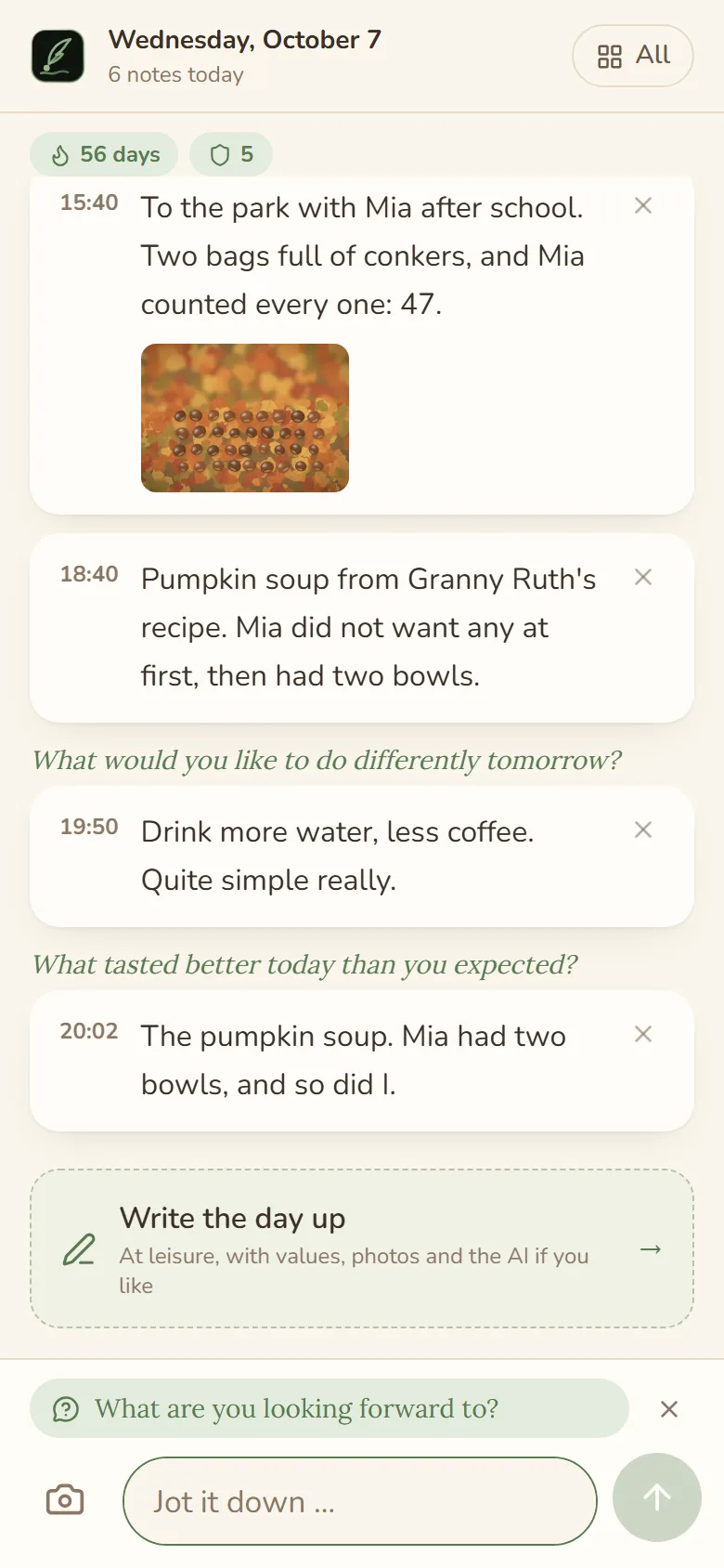 the quick note on a phone with today’s notes and their times, the card Write the day up and, at the bottom, the question of the day and the field Jot it down