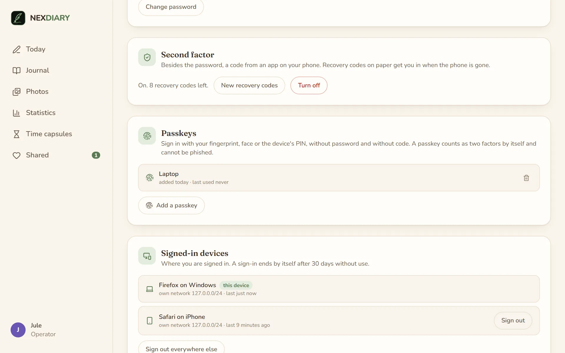 My account, Security tab, with the second factor, a passkey called Laptop and two signed-in devices