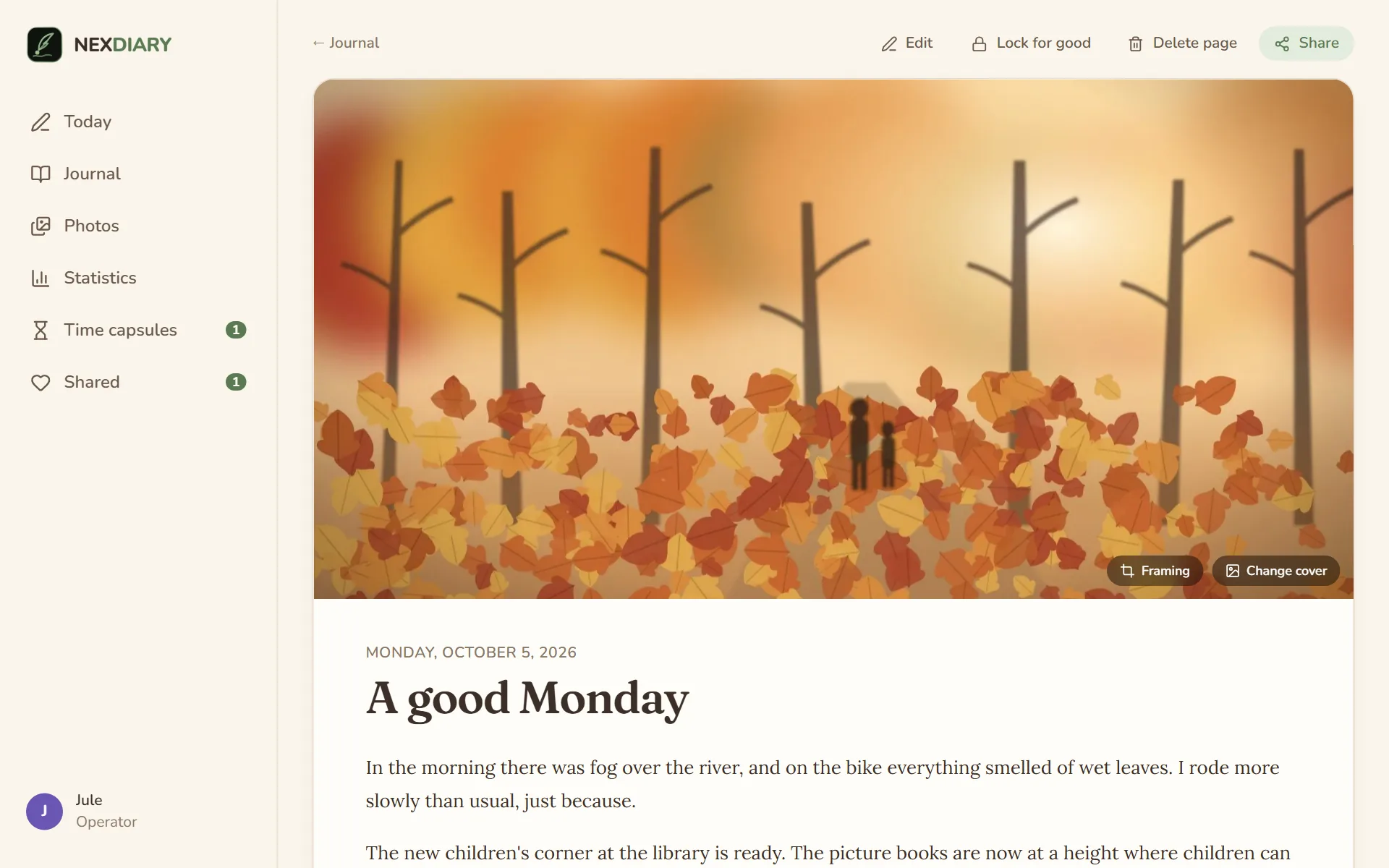 a day in the journal with the buttons Edit, Lock for good, Delete page and Share, a photo from an autumn wood as the cover and the start of the text