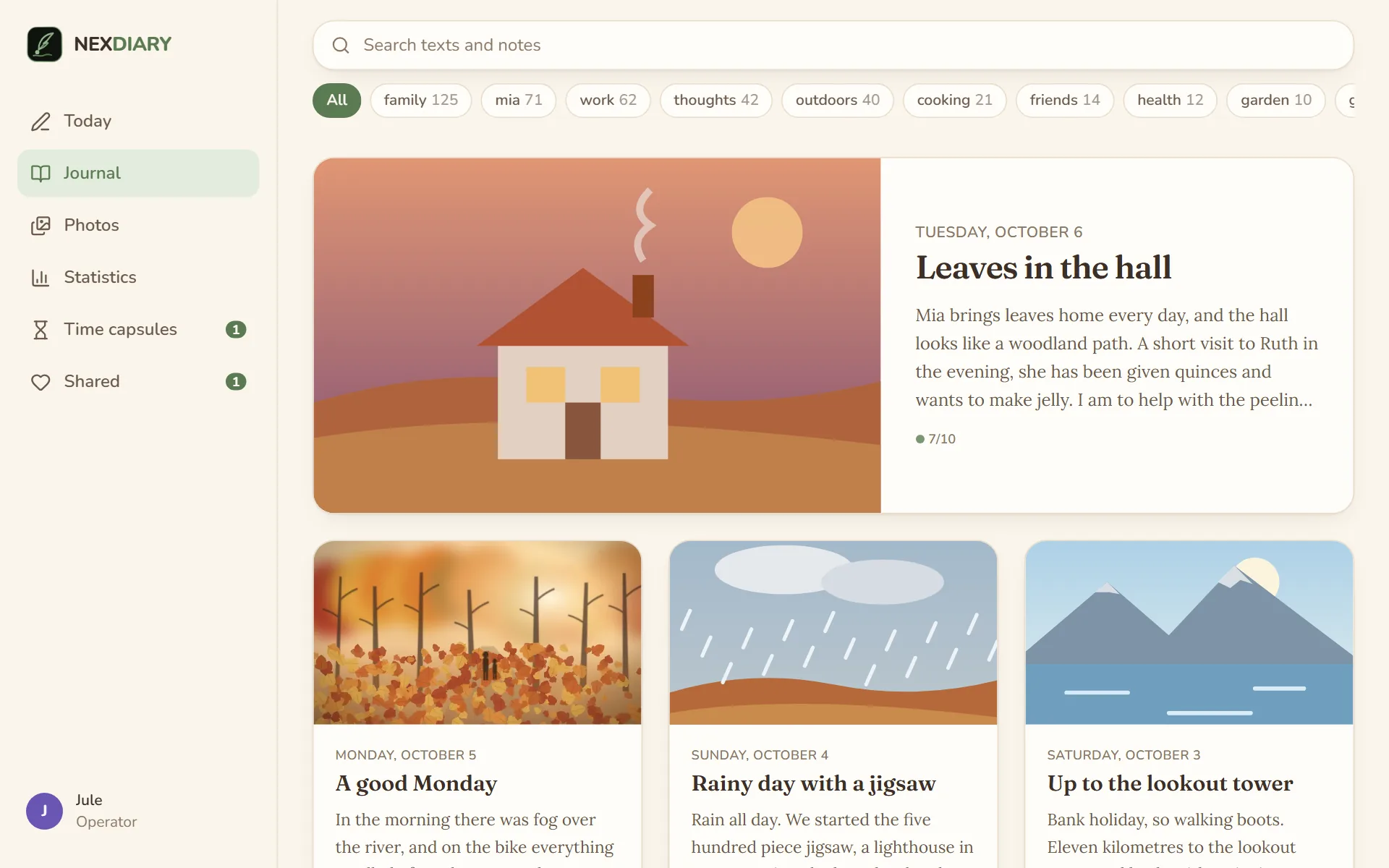 the journal as a blog with the search field and tag chips, the newest day large at the top and three smaller cards below