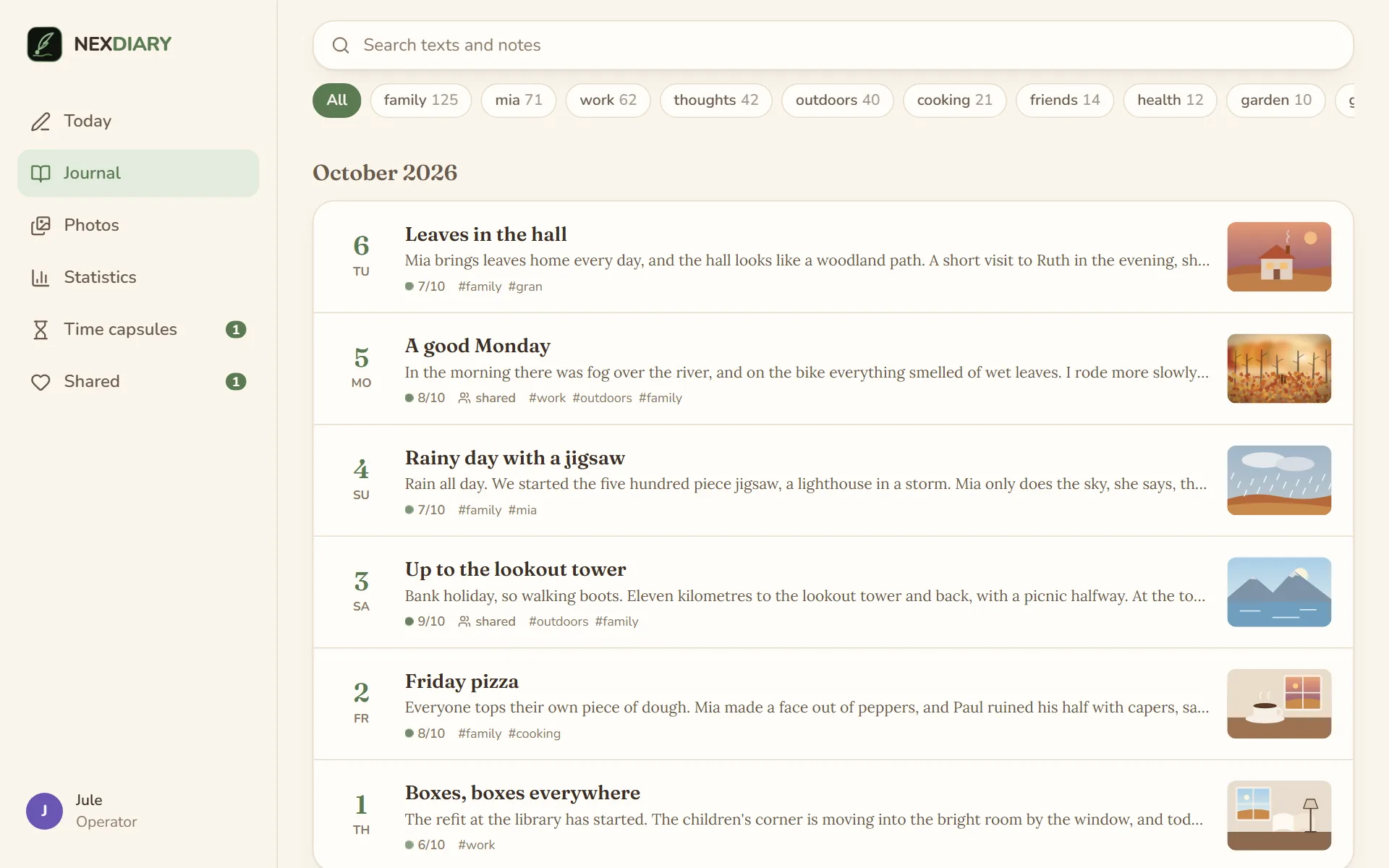 The journal as a timeline: under the heading of the month one line per day, with date, title, the start of the text, the main value, tags and, on some days, the mark shared, and a small cover on the right