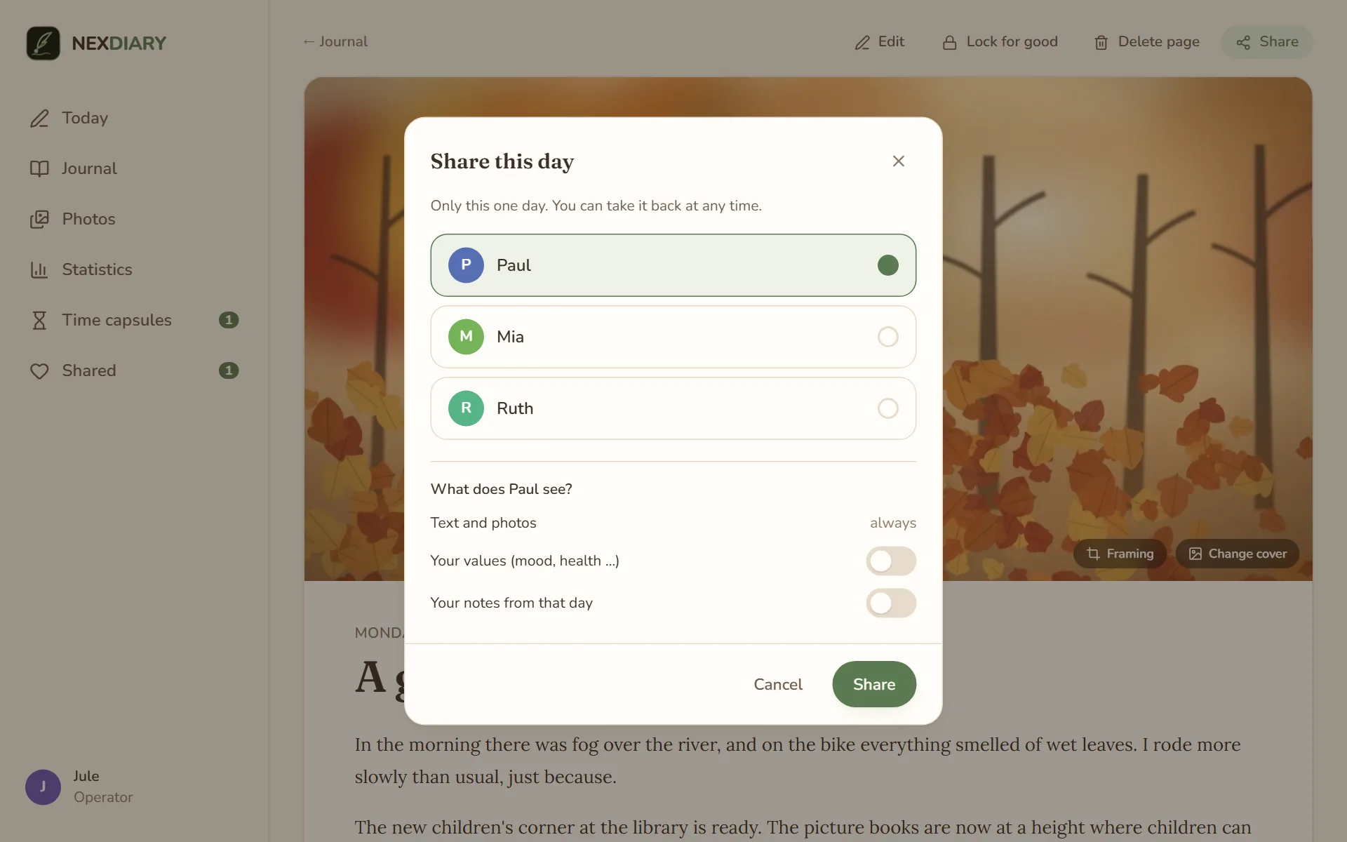 The window “Share this day” over a day's page: Paul is chosen, Mia and Ruth are not; below, “What does Paul see?” with “Text and photos: always” and two switches for values and notes, both off