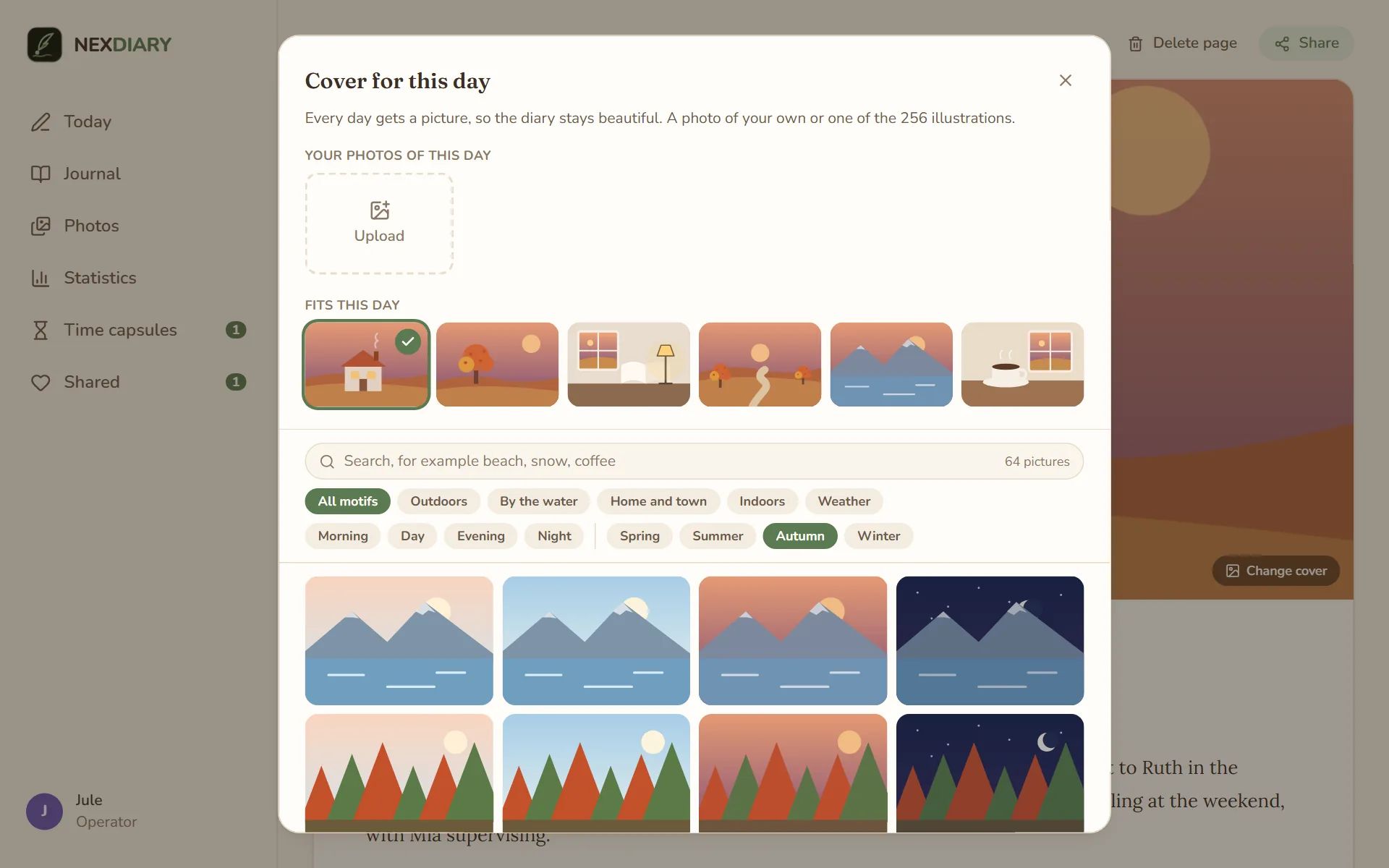 the window Cover for this day with an upload field, six suggestions under Fits this day, a search field, filters by group, time of day and season and a grid of illustrations
