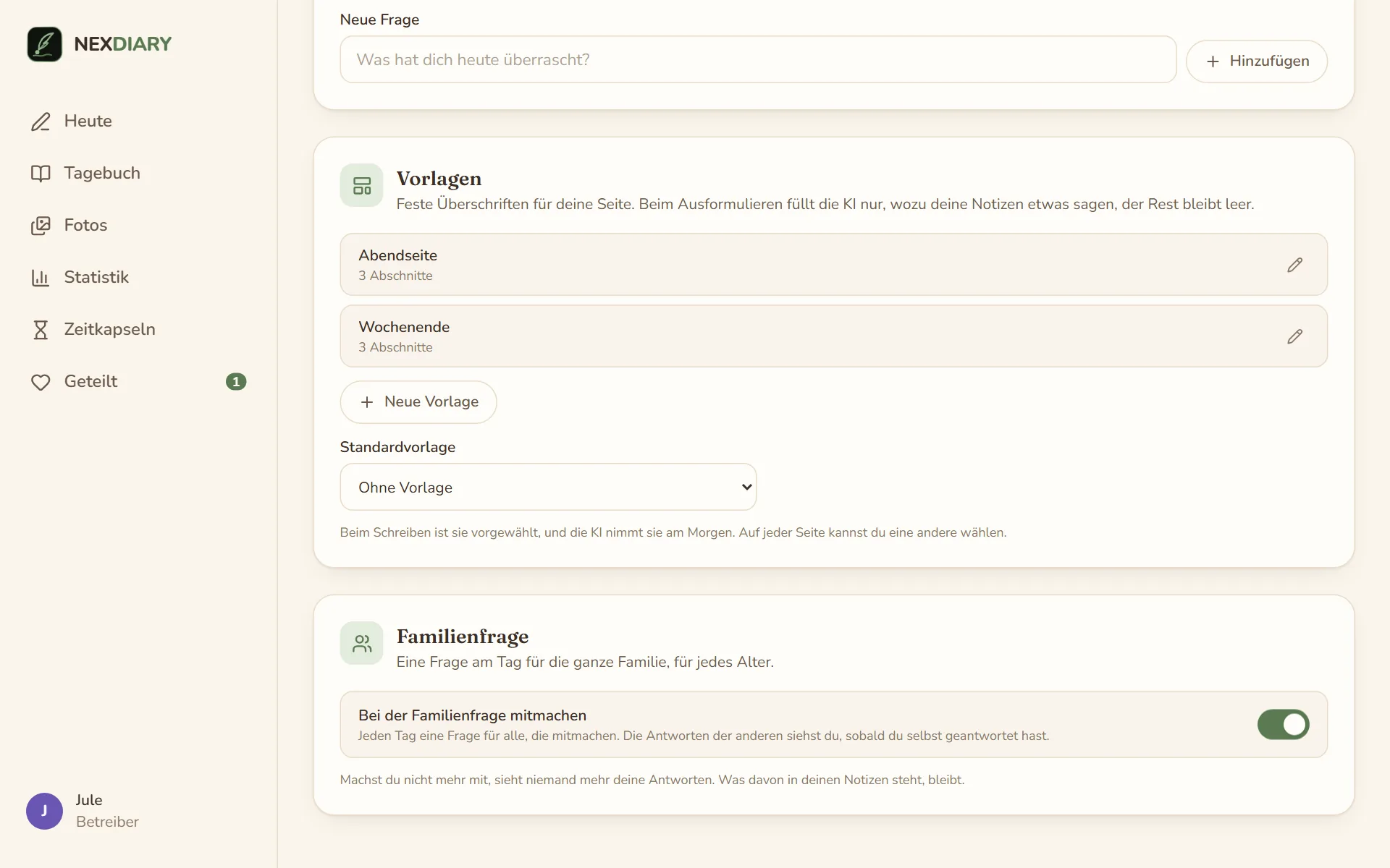 Mein Konto, Reiter Schreiben: die Karte Vorlagen mit den Vorlagen Abendseite und Wochenende mit je drei Abschnitten, dem Knopf Neue Vorlage und der Auswahl Standardvorlage, darunter die Karte Familienfrage mit eingeschaltetem Schalter