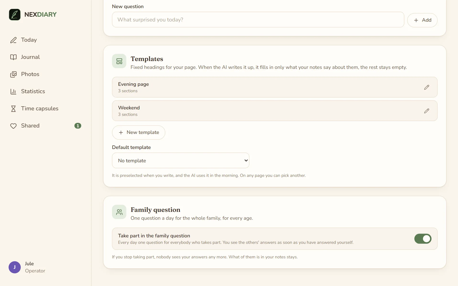 My account, tab Writing, with the card Templates showing two templates with three sections each, the button New template and the Default template choice, below the card Family question