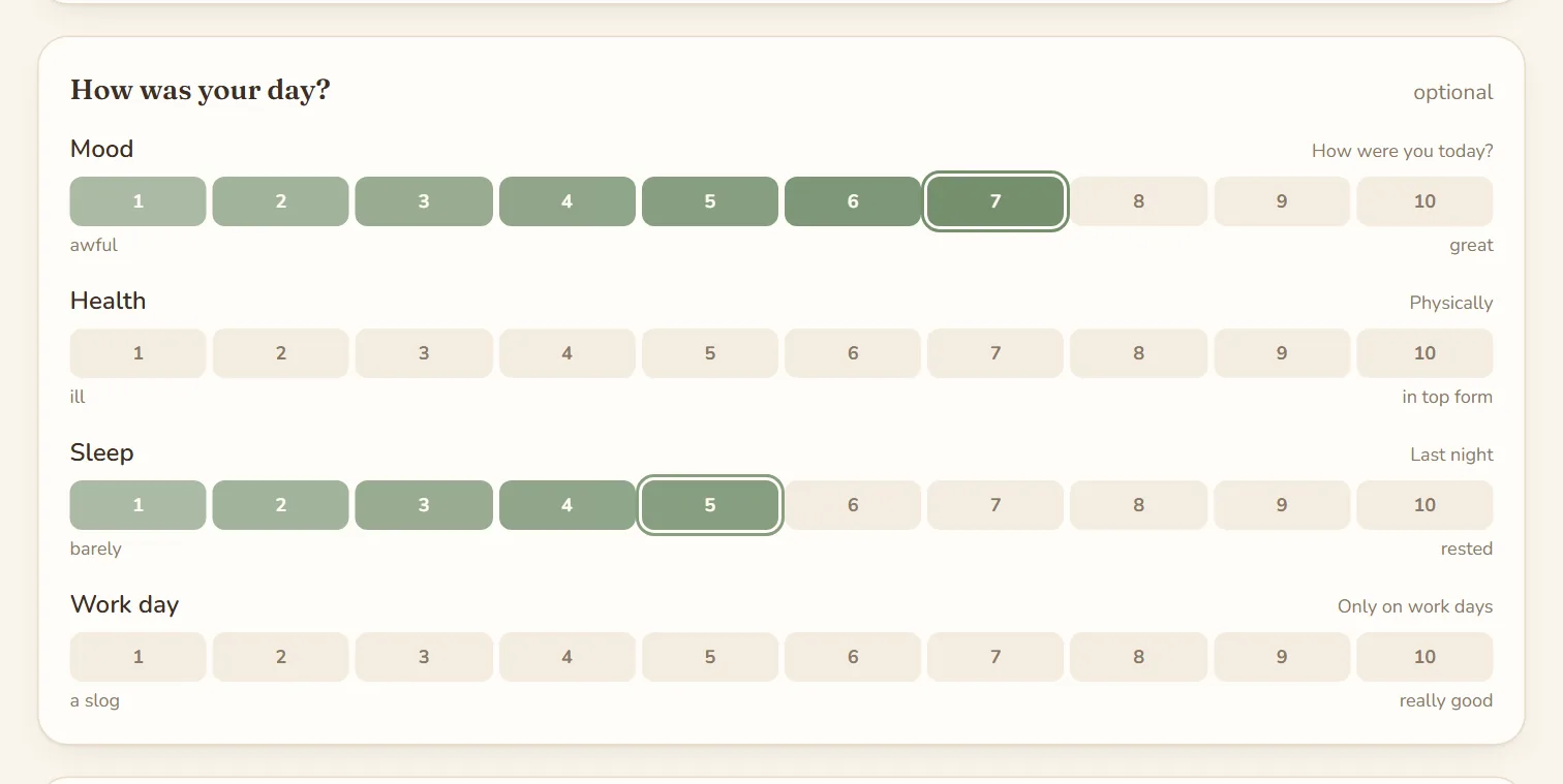 The block “How was your day?” on Today with Mood, Health, Sleep and Work day, each with a row from 1 to 10