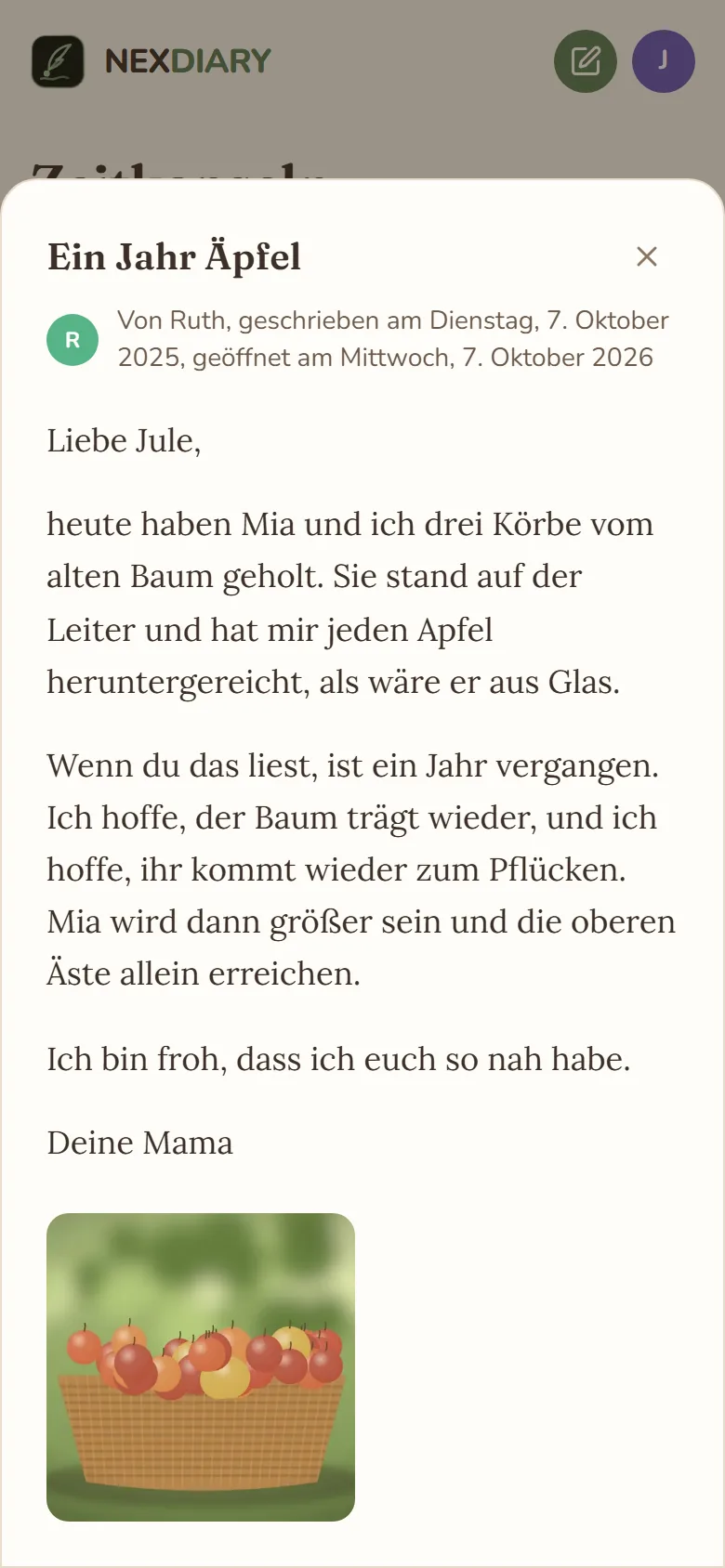 Ruths geöffneter Brief Ein Jahr Äpfel auf dem Handy, mit Absenderin, Schreibdatum und Öffnungsdatum, dem Brief an Jule und einem Foto von einem Korb voller Äpfel