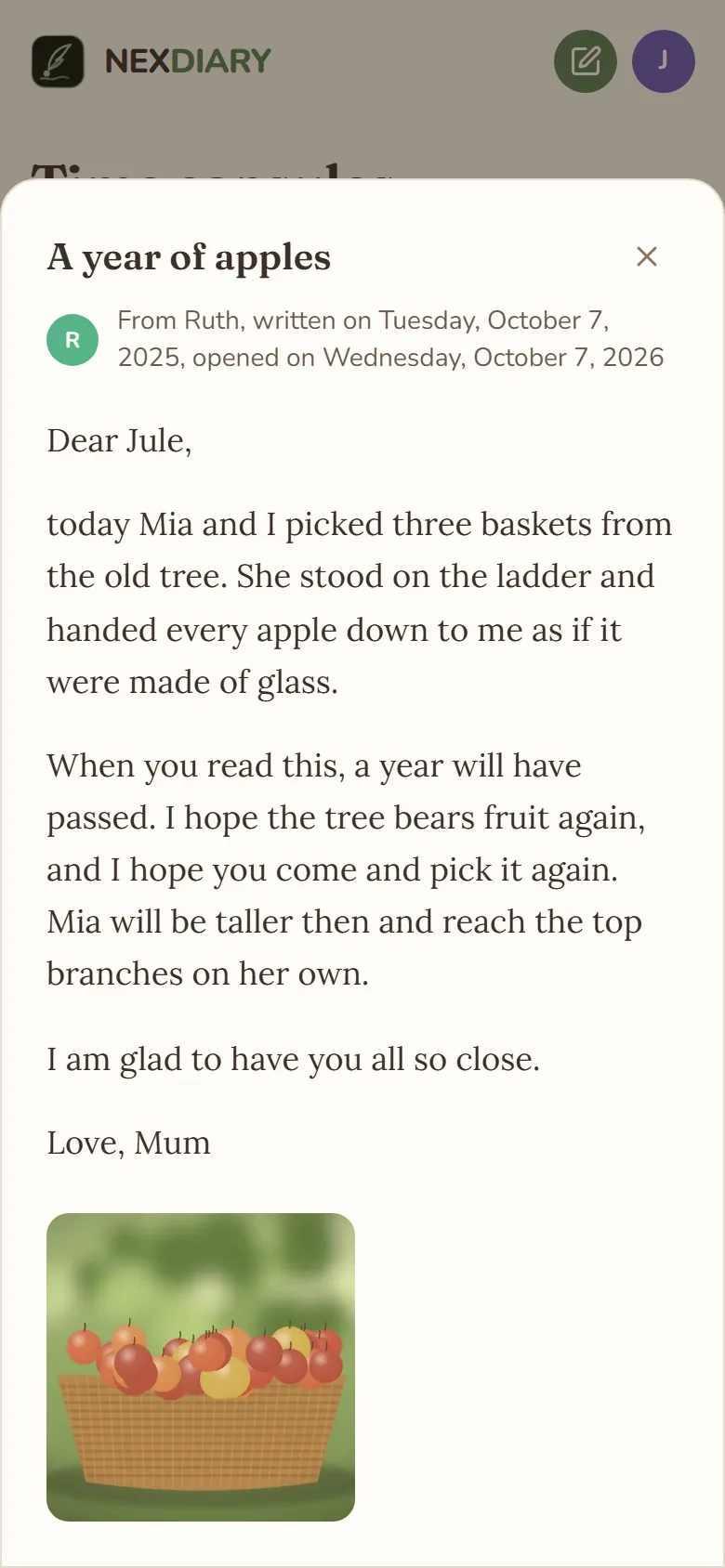 Ruth's opened letter on the phone, with the photo of a basket of apples